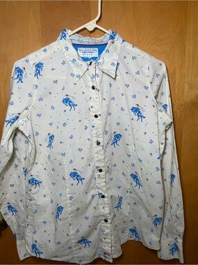 Wrangler Cream Button-Down Shirt with Blue Rodeo Print